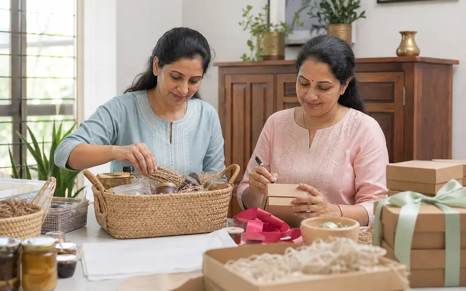 Homemakers preparing gift hampers
