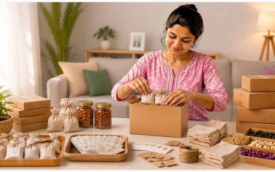 Homemaker assembling a prepared product kit